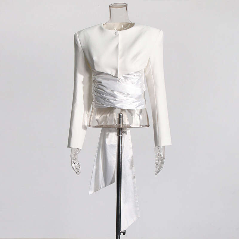 Designer Chic Women's Ensemble - Stylish Round Neck Lace Up Shirt Paired with a Trendy High Waist Split Skirt