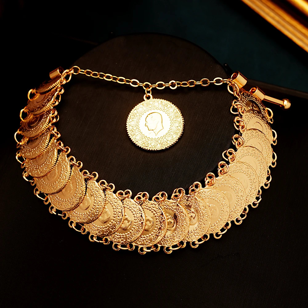 Gold Plated Ottoman Turkish Totem Chain Bracelet Coin Cuff Bangles for Bridal Ethnic Womens Jewelry Bijoux 251113 - view 3