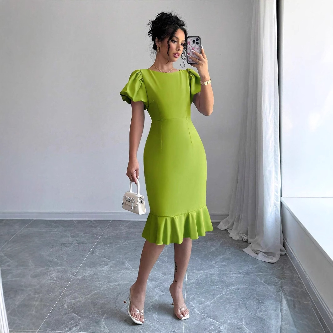 2025 women's influencer round neck lantern sleeves with ruffled edges, sexy and elegant fishtail skirt