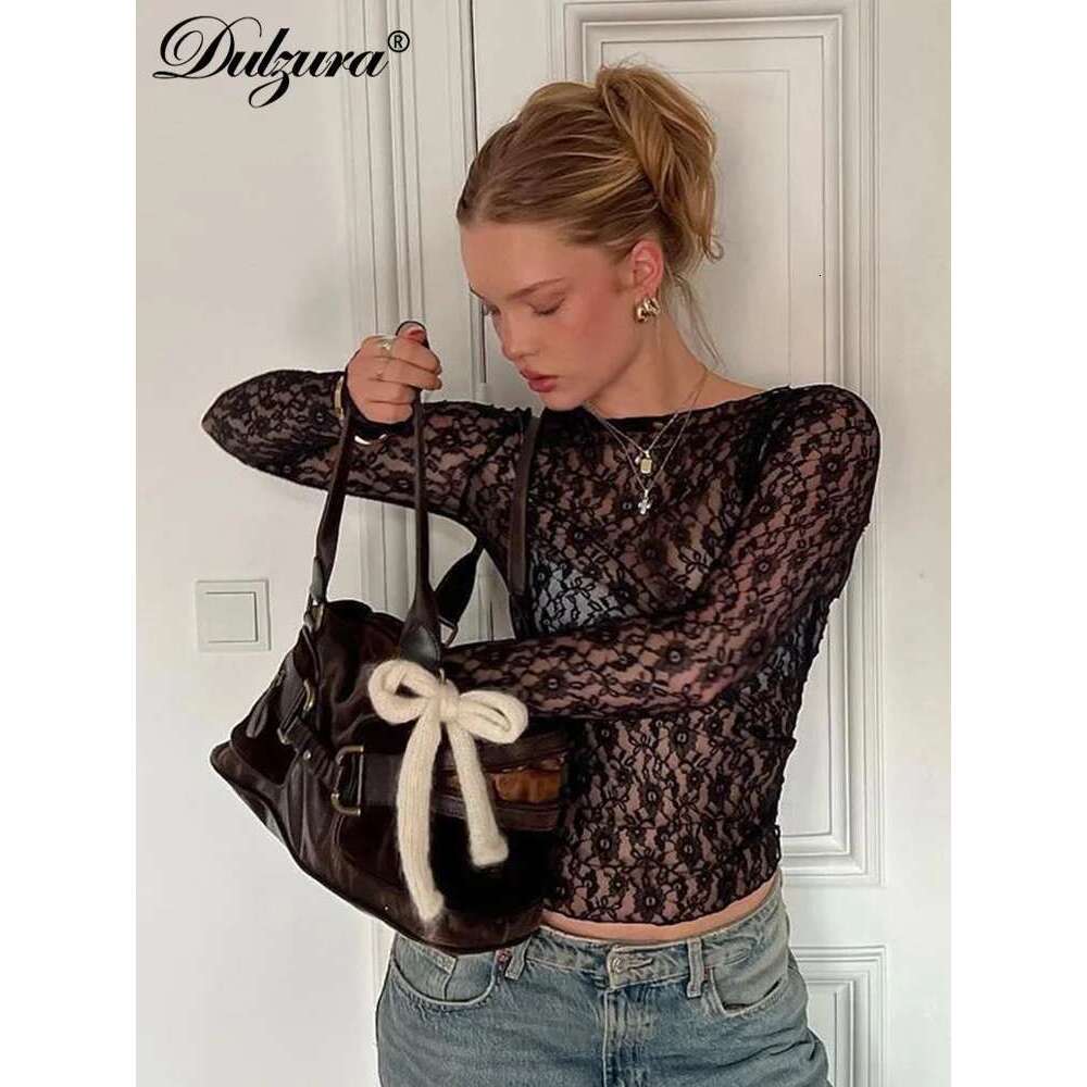 Dulzura Long Sleeves See Through Lace Crop Top Solid Sexy Bodycon T-Shirt For Women Party Club Spring Summer Clothes