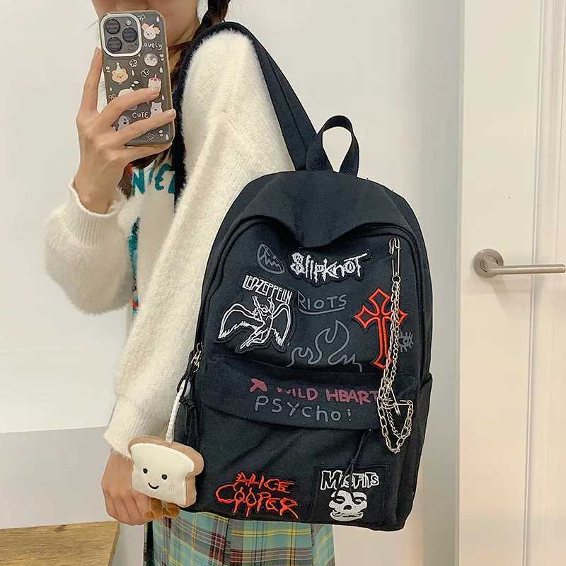 Gothic Rock Backpack For Men And Women Large Capacity Canvas Casual Backpack With Metal Patchwork Accents for Daily UseW251113