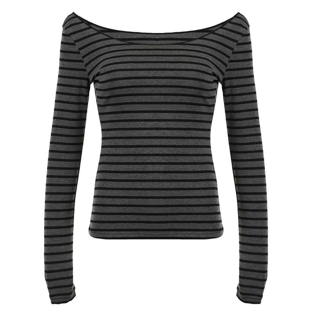 Sweetown Japanese Basic Slim Long Sleeve Stripe Tee Off Shoulder O Neck Korean Street Style Spring Autumn Y2K Gray T Shirt Women