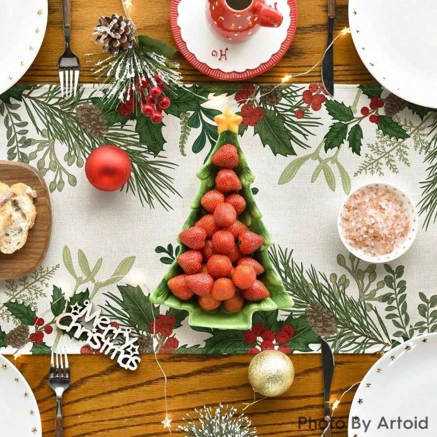 Christmas 1 Christmas Holly Pine Cone Table Runner Festive Greenery Red Berry Print for Holiday Dining Table Decor Cheerful for Christmas Y251113