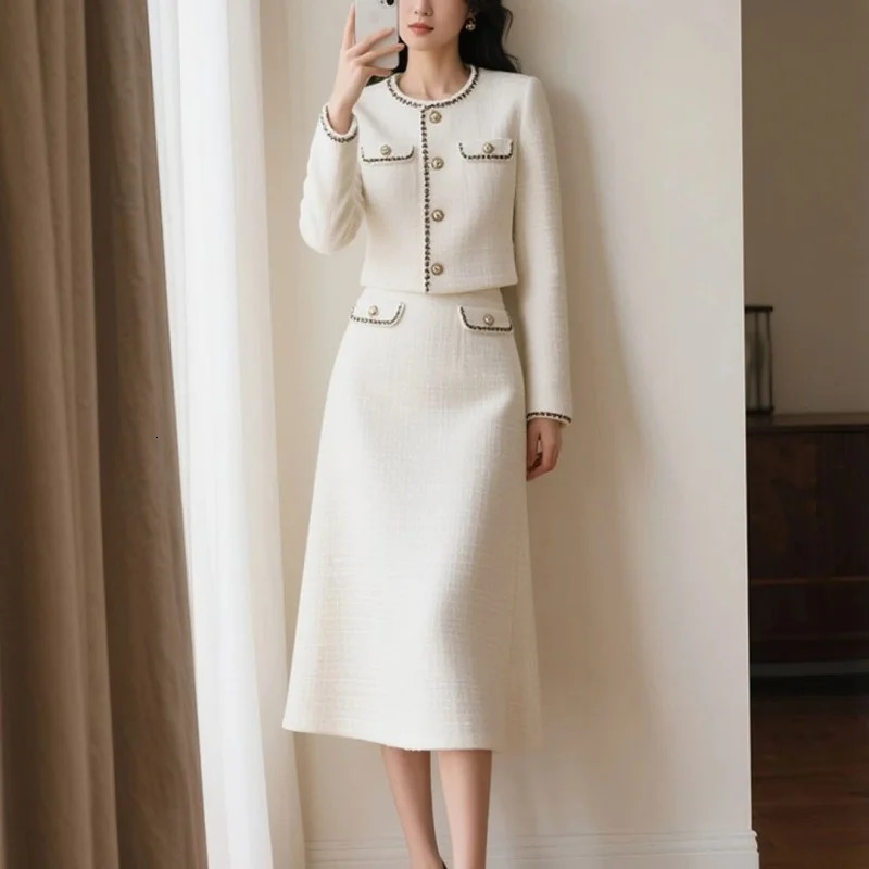 BAFU White Tweed Suit Womens Patchwork Pocket JacketElastic Waist Midi Skirt Autumn OL Elegant Party 2Piece Set 866P 251113