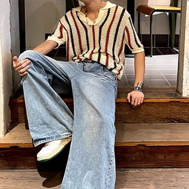 Streetwear Vintage Y2K Mens Tops Spring Summer Stylish Striped Hollow Out Polo Shirt For Men Casual Short Sleeve Lapel T Shirts 250411