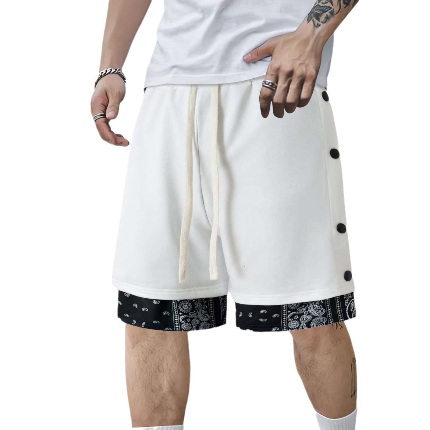 Shorts, summer fashion label, casual slim fit drawstring shorts, double breasted buckle five point pants, men's
