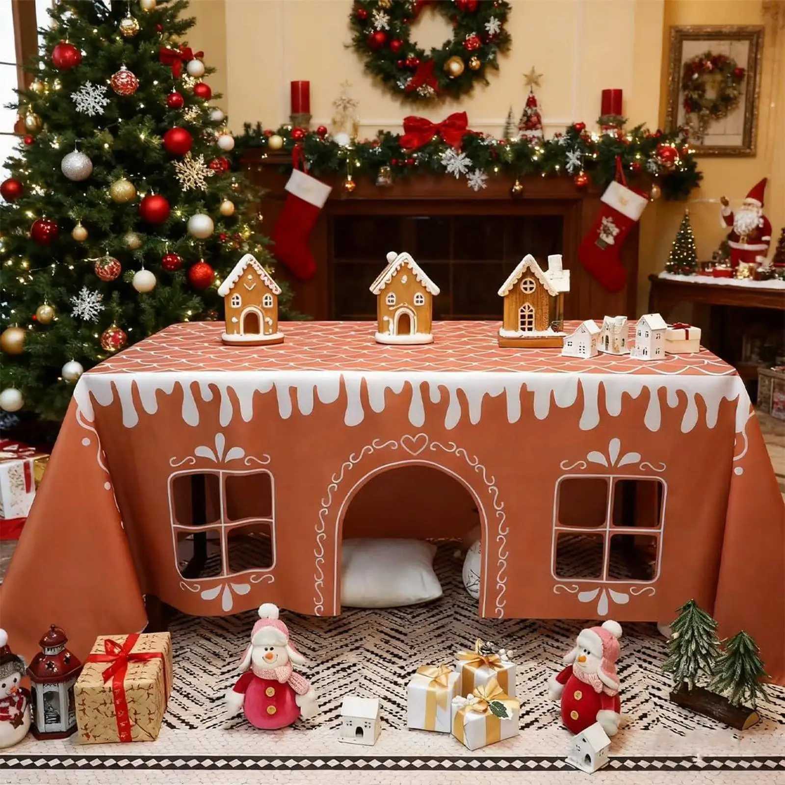 Christmas Tablecloth Christmas Gingerbread House Tablecloth Open Tent With Festive Village Playhouse Design For Gingerbread Party Decor Y251113