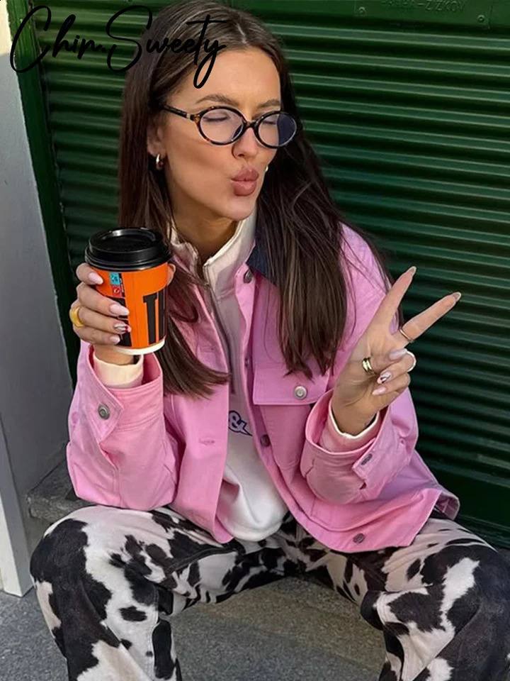 Casual Pink Women Coat Patchwork Long Sleeve Pocket Lapel Female Jacket 2025 Spring Autumn Fashion Lady Outwear 250410