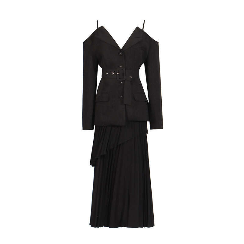 Designer Women's Elegant Minimalist Two-Piece Set with V-Neck Camisole and High-Waisted Pleated Skirt