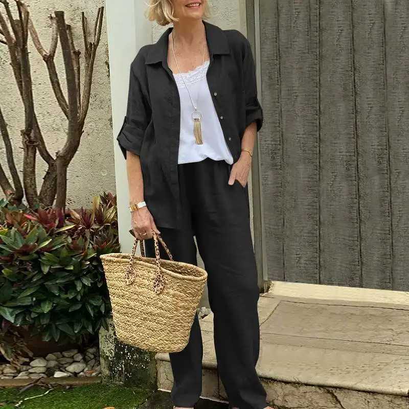 Summer Cotton Linen Leisure Home 2-piece Set for Women 2025 Fashion White Long Sve Shirt and Shorts 2-piece Set TracksuitXJ250414