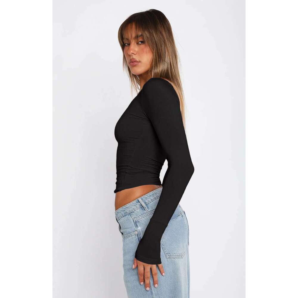 Long Sleeve U Neck Crop Top Women Sexy Female Slim Tight Casual Summer Tee Clothes Streetwear Brown women clothing
