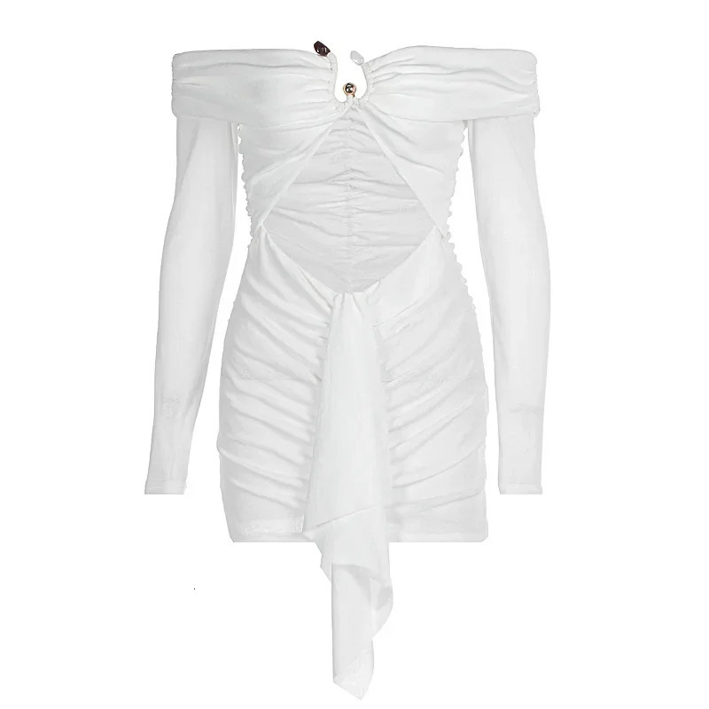 Sexy and fashionable mini dress strapless long sleeves hollow belly ring suitable for womens autumn winter crossborder European style 250414