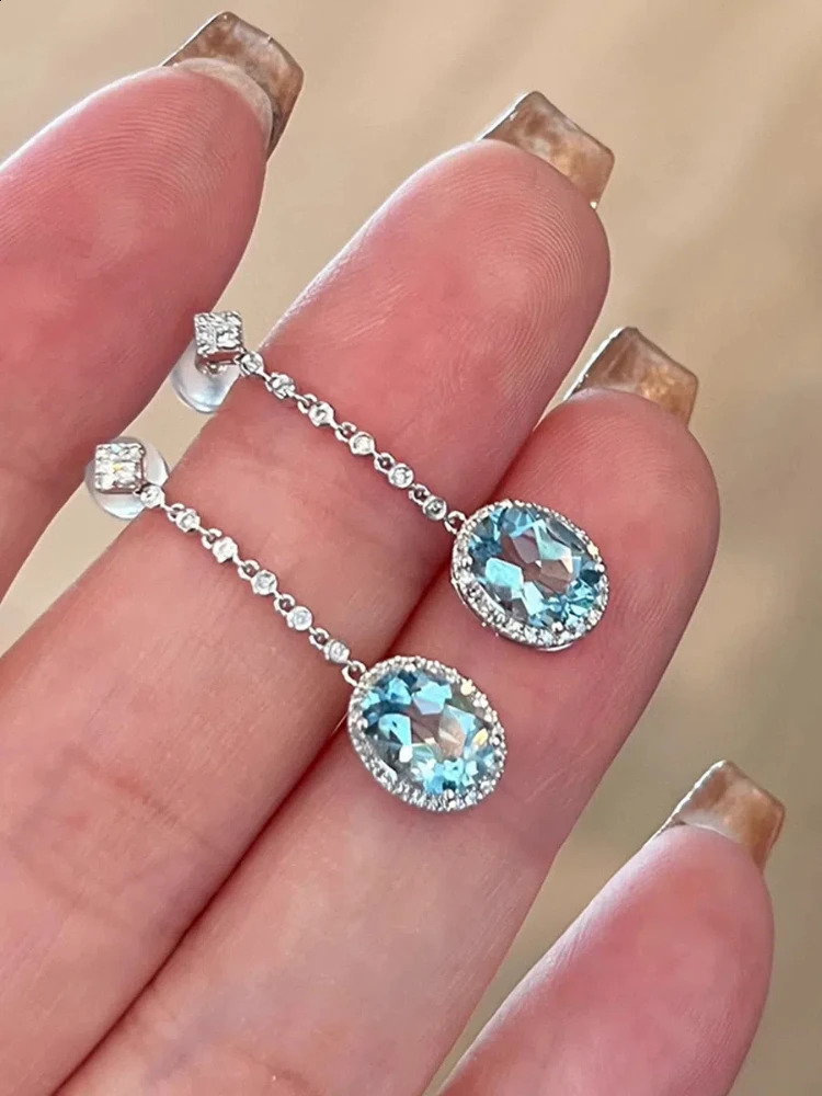 S925 sterling silver womens stud earrings oval Aqua blue zircon ear hanging jewelry for womens daily wear holiday party gifts 250409