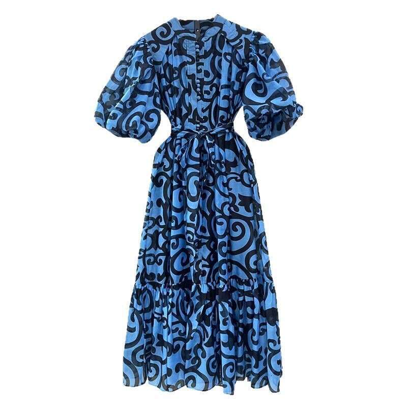 Designer Women's French Style Printed Maxi Dress with Bubble Sleeves - Loose Fit, Round Neck for Summer