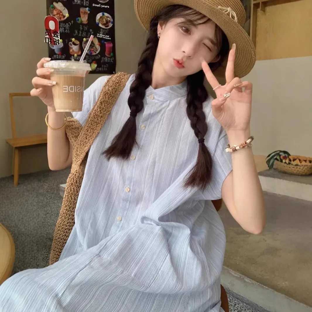 Blue striped short Sve dress for womens summer new Korean style loose Midi two-piece set casual comfortable and fashionableXJ250414