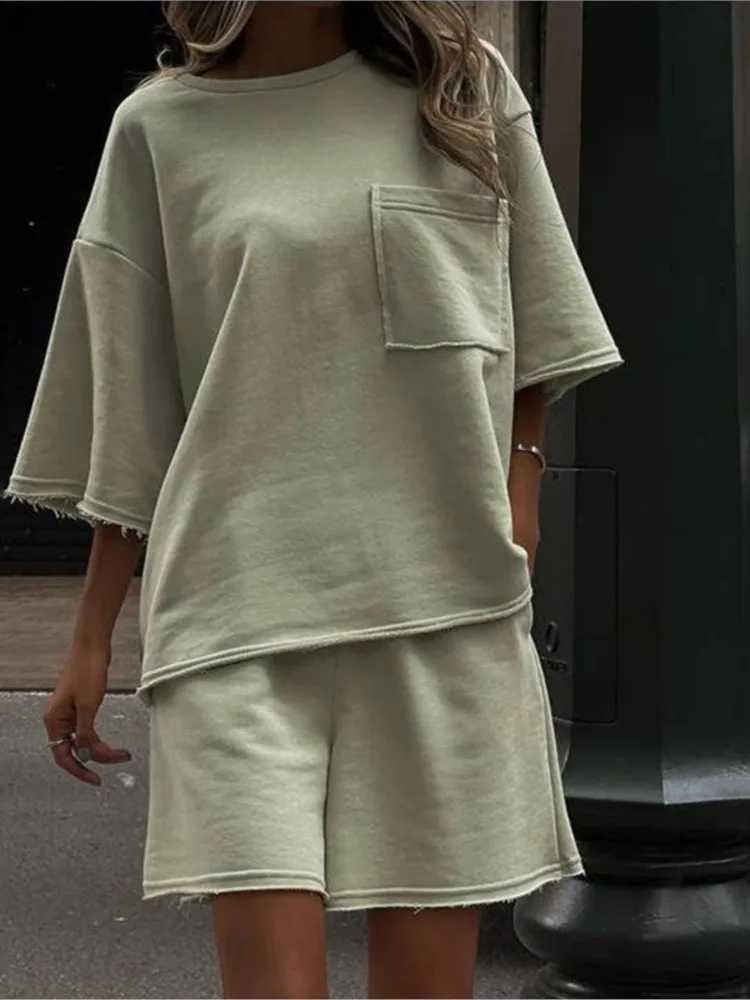 Casual and casual short sports two-piece set womens solid color loose half Sves T-shirt two-piece set womens streetwearXJ250414