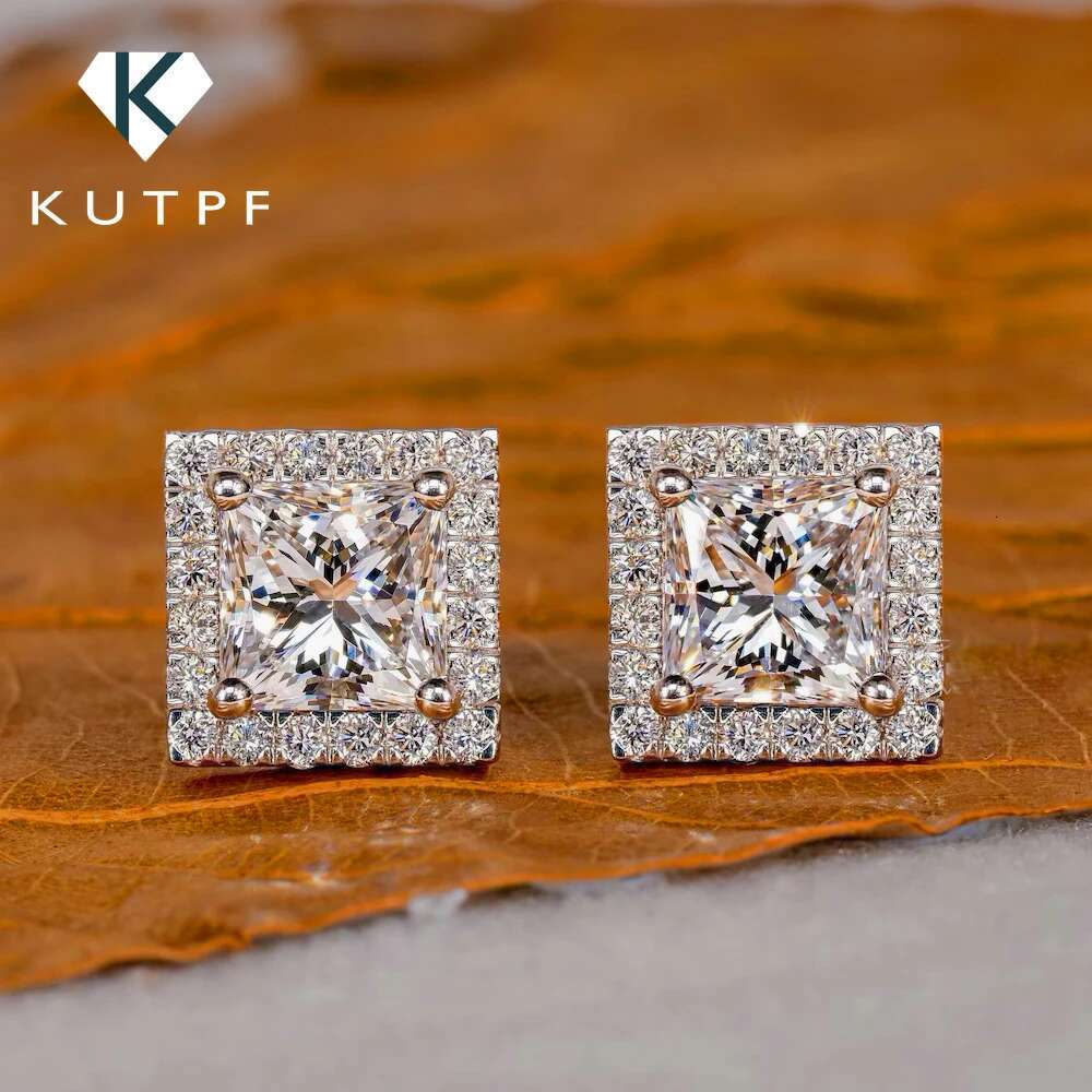 0.5/1/2carat Princess Cut Moissanite Halo Diamond Stud Earrings with Certificates 925 Sterling Silver Square Ear Studs for Women