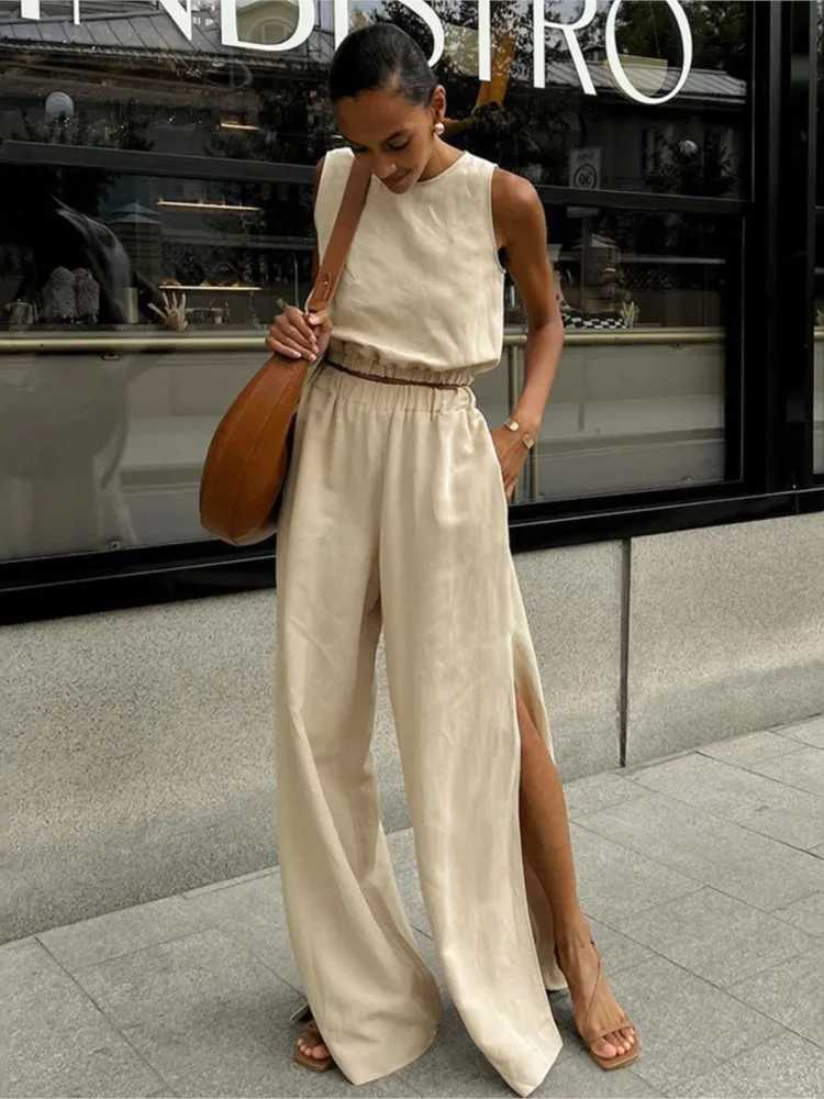 Fashion Trend Solid Color Pants Set Womens Sleeveless Cut Top Wide Leg Trouser Two Piece Set Fe Street Clothing SummerXJ250414