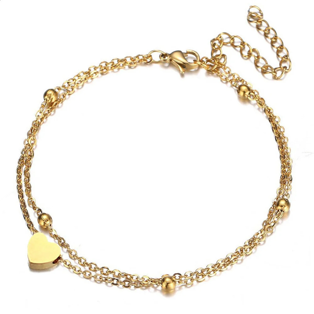 Double layered heart-shaped charm anklet suitable for women in summer gold silver stainless steel anklet anklet 250408