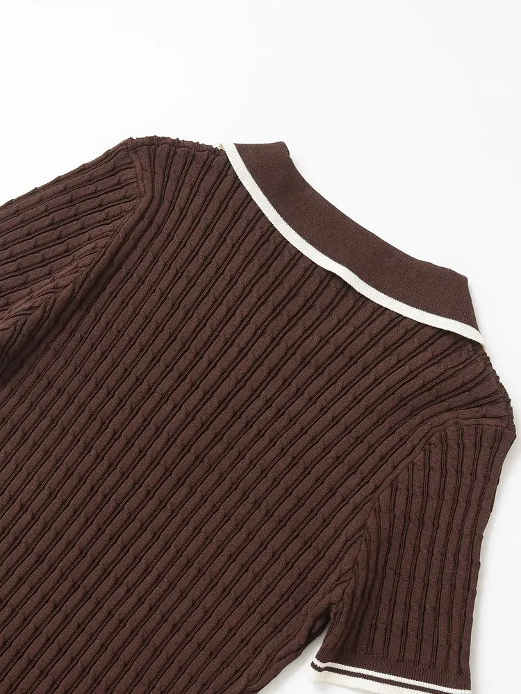 TRZA Womens Fashion Front Button Cable Knitted Mini Dress Polo Neck Short Sleeve Tank Top Unprinted Good Product 250414