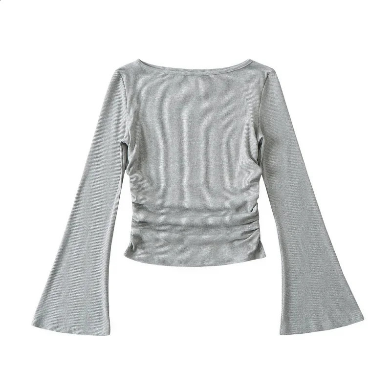 Ultra thin fit Bell sleeves American style spicy shoulder pleated weight loss top solid color arrival in autumn 250407