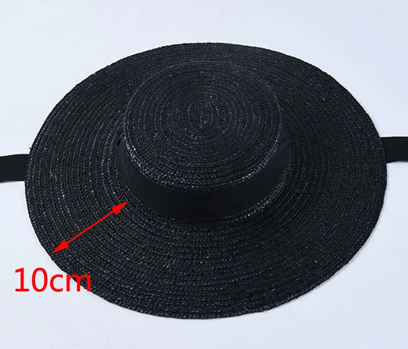 Wide Brim Sun Hats 15cm Brim Boater Straw Hat Flat Women Summer Derby Chapeau Hat White Black Ribbon Tie Sunscreen Beach Cap 250408