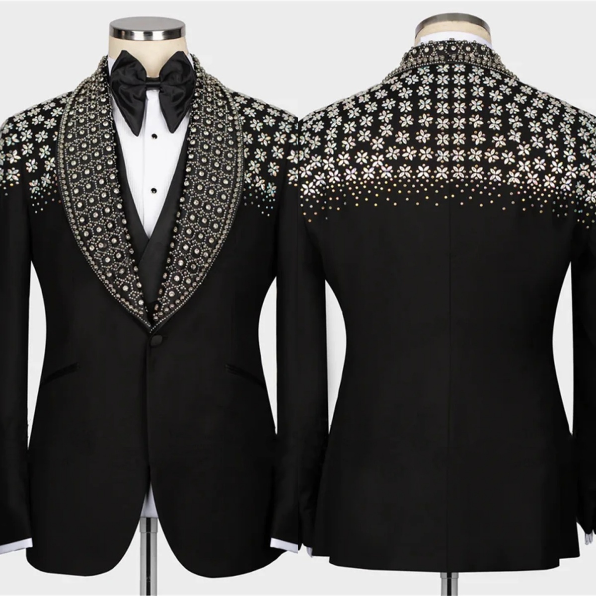 Men's Wedding Suit Tailored Shawl Lapel Blazers 3 Pieces Set Rhinestone Beaded Groom Jacket One Button Custom Made Coat Jacket+Vest+Pants