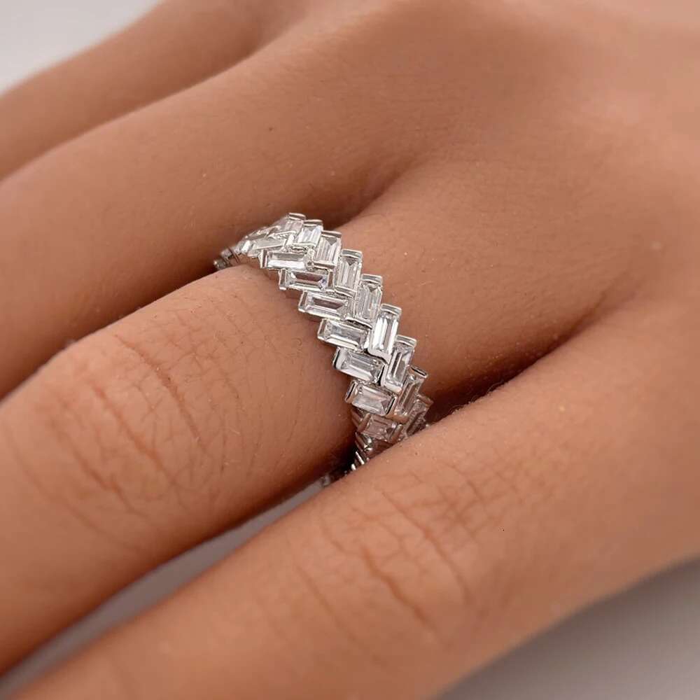2-Row Baguette Full Moissanite Diamond Eternity Band for Women 925 Sterling Silver Herringbone Cut Wedding Ring Stackable Band