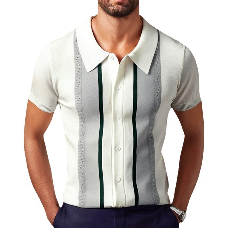Mens Summer New Collection Mens Knitted Sweater Flip Collar Pullover Casual Striped Polo Shirt