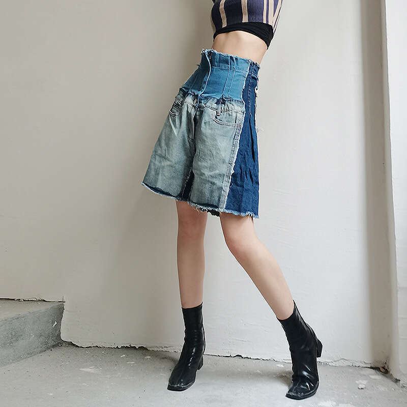 Designer Slimming Fashionable Women's Wide Leg Denim Shorts - High Rise & Colour Block Design