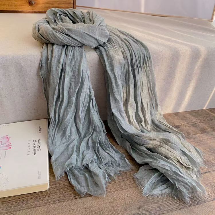 T470 autumn and winter solid color cotton and linen thin scarf silk scarf retro couple shawl literary pleated neck protection men and women warm neck 