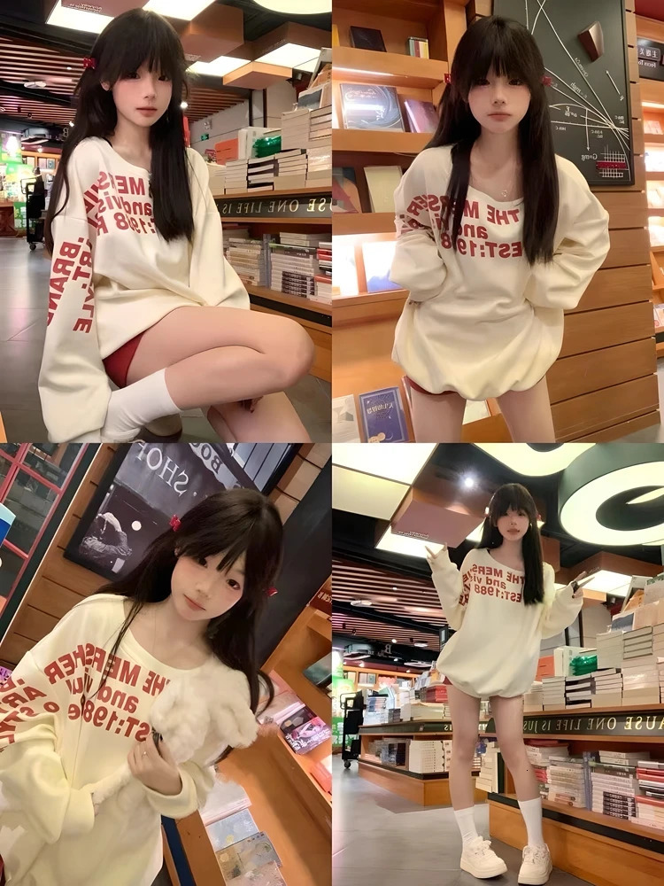 Autumn and Winter Womens High Temperature 100 Letter Round Neck Hoodie Loose Two Piece Shoulder Clothing 250414Z