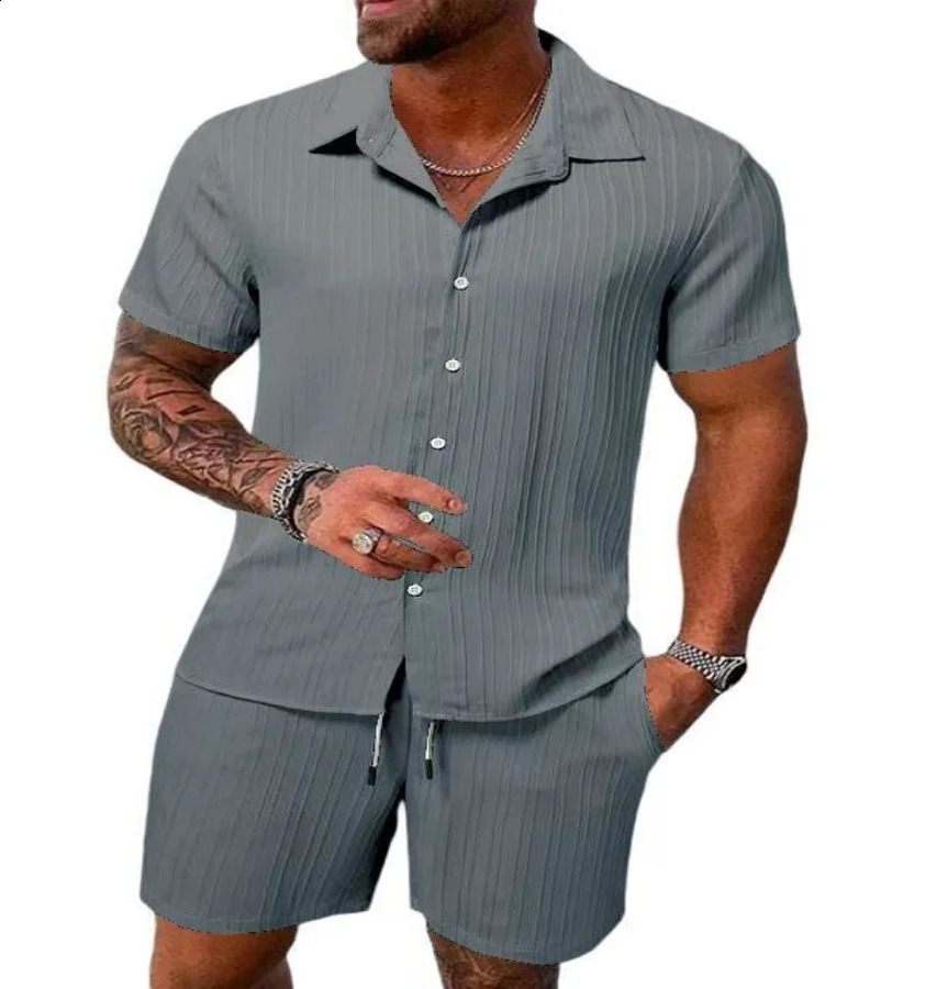 Spring and summer Europe and the United States mens striped jacquard beach suit loose shorts shirt 250411
