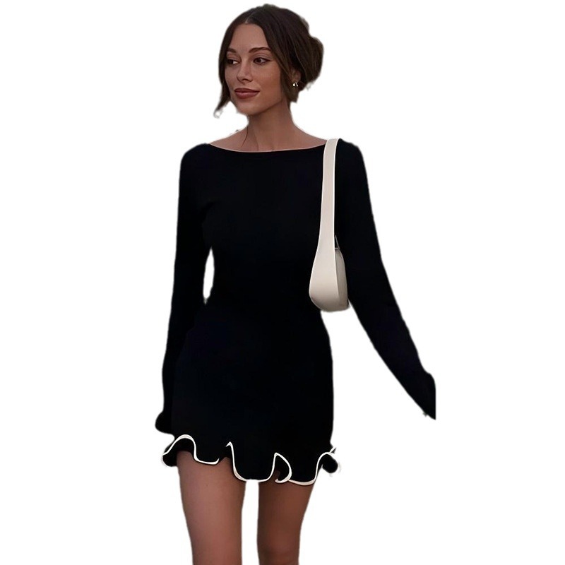 2025 New European and American Style Women's Elegant Solid - color Round - neck Long - sleeve Fitted Ruffled Dress