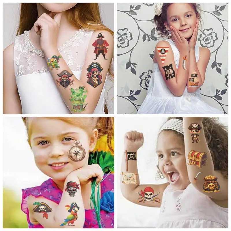 10 New Cartoon Pirates Temporary Tattoo Stickers Skeleton Pirates Tattoo Girls and Boys Birthday Party Supplies DiscountXJ25414