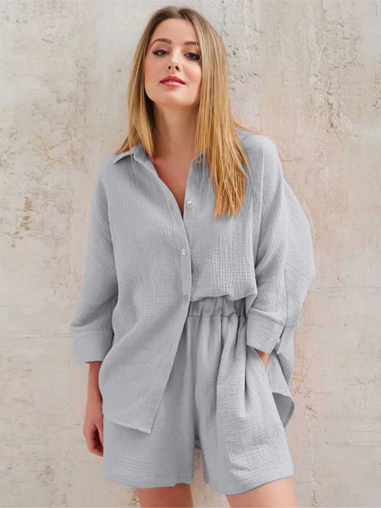 Womens summer outfit new pure cotton warm city casual solid color long sleeved short sleeved shirt set two-piece setXJ250414