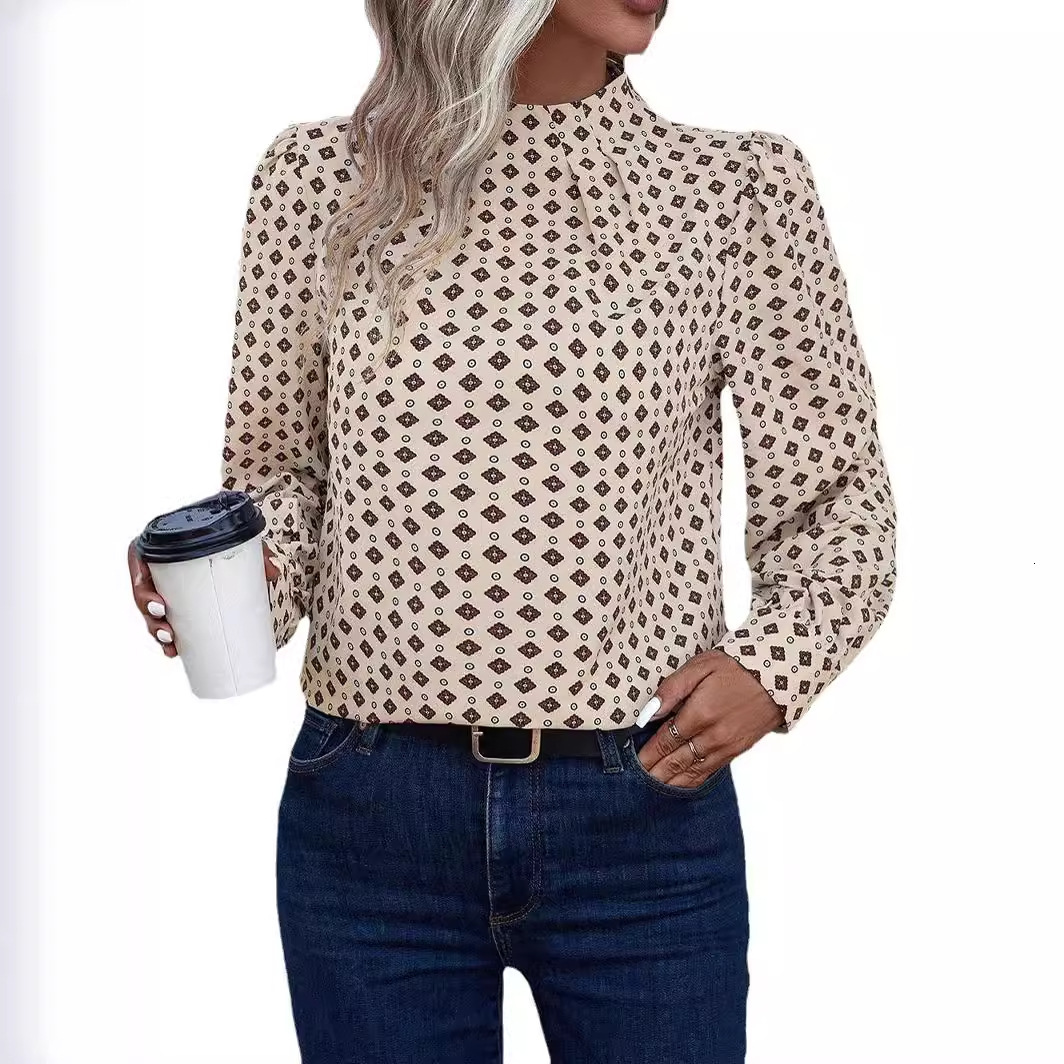 2025 early spring semi high neck pullover long sleeved printed temperament shirt women's top