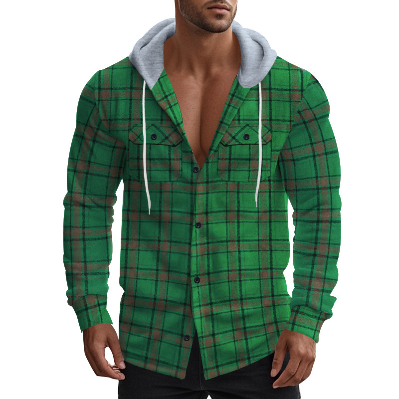 American plaid men's autumn and winter hooded flannel jacquard shirt casual jacket men