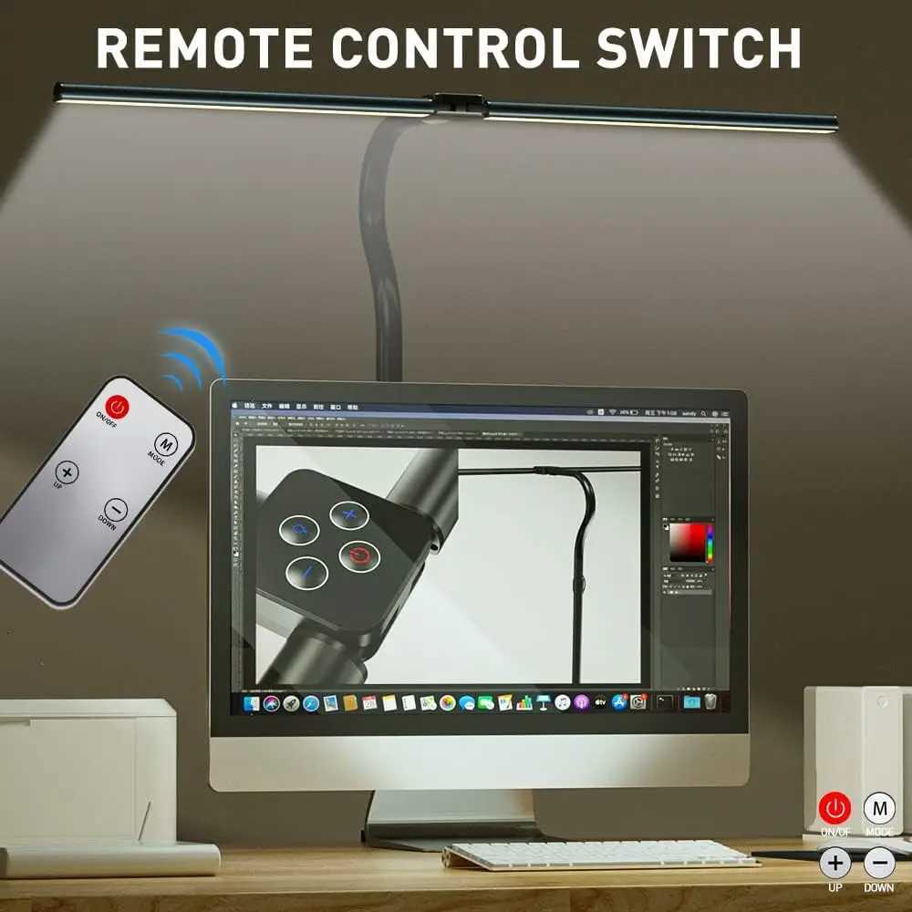 24W Desk Reading Light with Clamp Remote Control Double Head Gooseneck Lamp with 5 Dimmable and 5 Color Modes for Office Work M251114