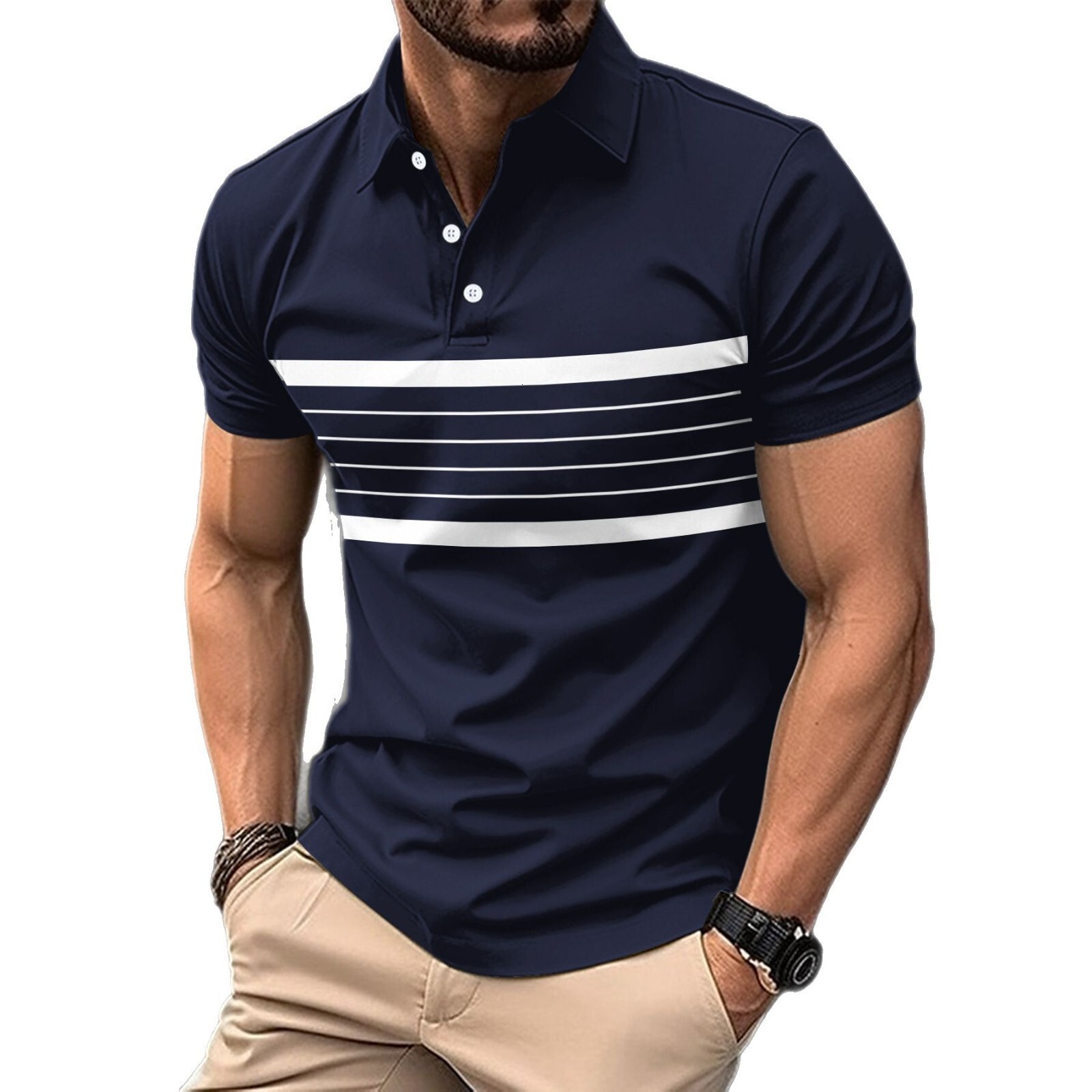 New digital printed striped polo shirt for summer V-neck button mesh fabric versatile men's t-shirt