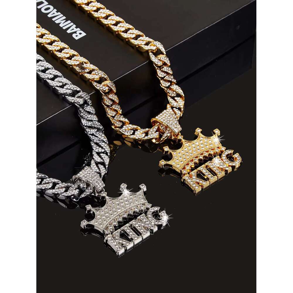 DHcollections Unisex 15mm Miami Chain with CZ Rhie Crown King Pendant Necklace for Parties and Holidays