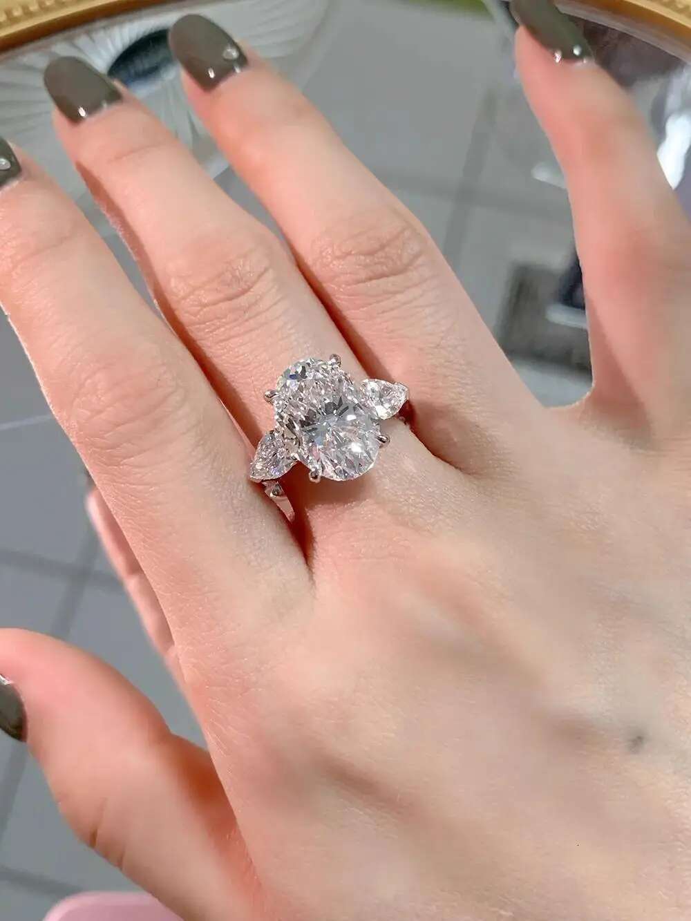 Real Solid 18K White Gold Ring Women Engagement Anniversary Wedding Ring Oval Moissanite Diamond Ring Pear Water Drop