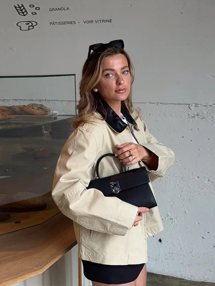 Fashion patch work collar jacket womens casual long sleeved zipper loose womens jacket spring womens clothing 250414