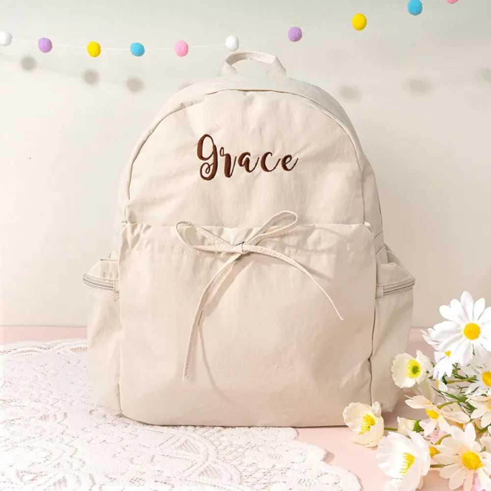 New Custom Name Girls Outdoor Backpack Personalized Bowknot Womens Nylon Schoolbag with Names Large Capacity Campus BackpacksW251113