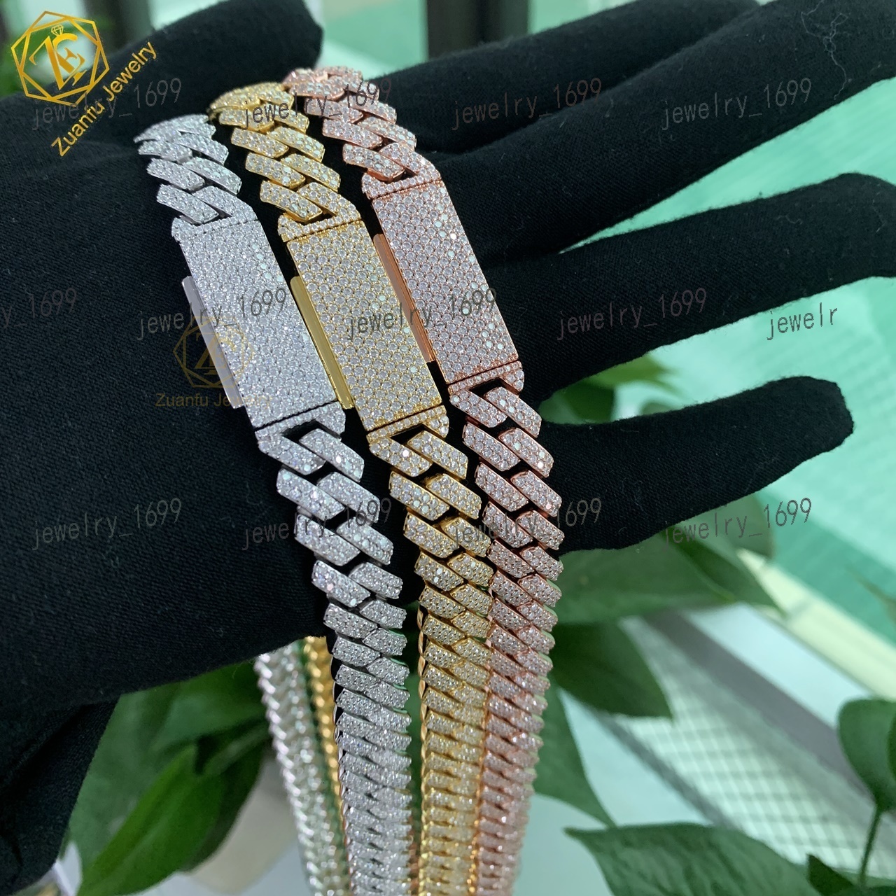 Custom 15mm Cuban Chain Hip Hop Iced Out Jewelry Moissanite Diamond 925 Sterling Silver Cuban Link Chain