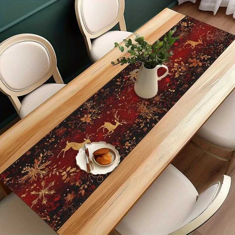 Christmas 1pc Tabel Runner Elegant Burgundy Golden Xmas Table Runner Red Winter Holiday Decor Kitchen Dining Table Decoration Home Party Y251113