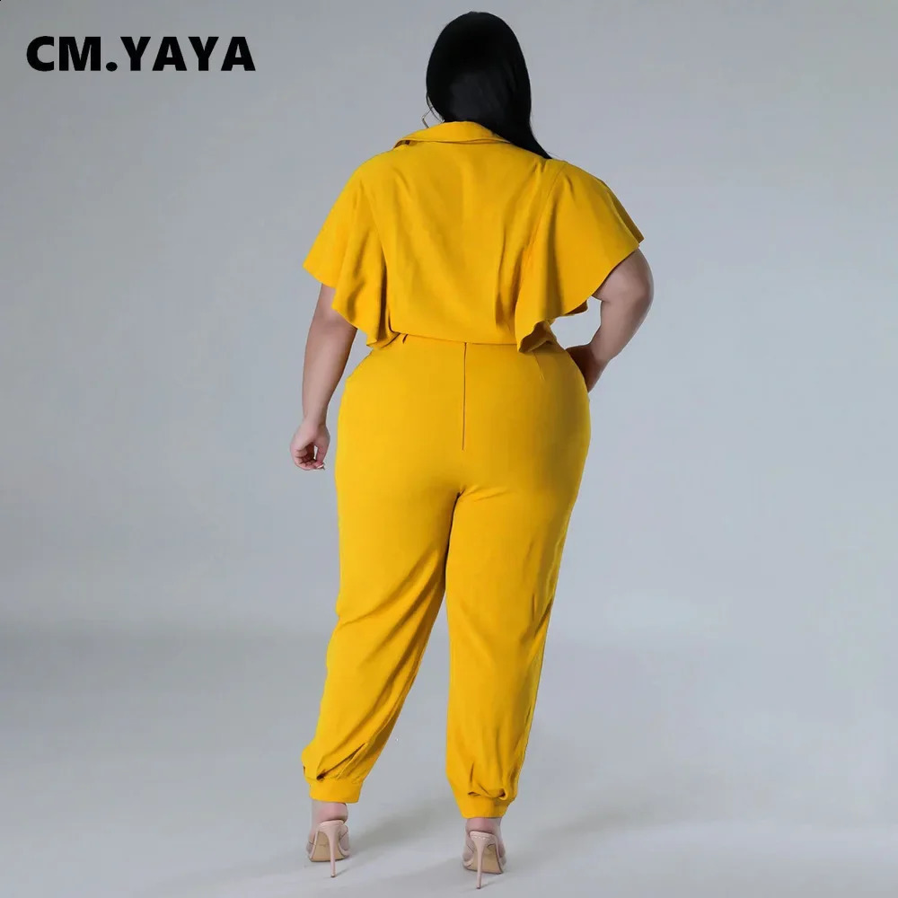 CM.YAYA Elegant Plus Size Loose Womens Set Tie Crop Ruffles Top pencil Pants Suits Streetwear Tracksuit Two 2 Piece Set 250410