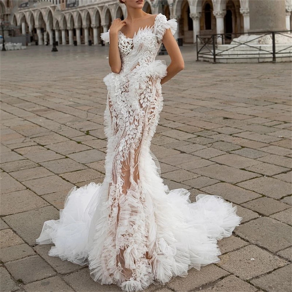 Sexy V Neck Mermaid Wedding Dresses Elegant Tiered Ruffles Gowns Short Sleeve Lace Robe De Mariee Customized