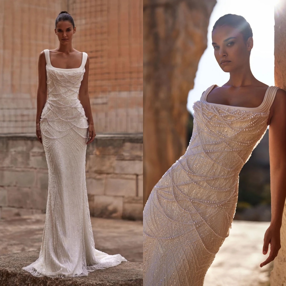 Elegant A Line Women Wedding Dress Square Neck Sleeveless Bridal Gowns Sequins Pearls Beading Sweep Train Dress Custom Made