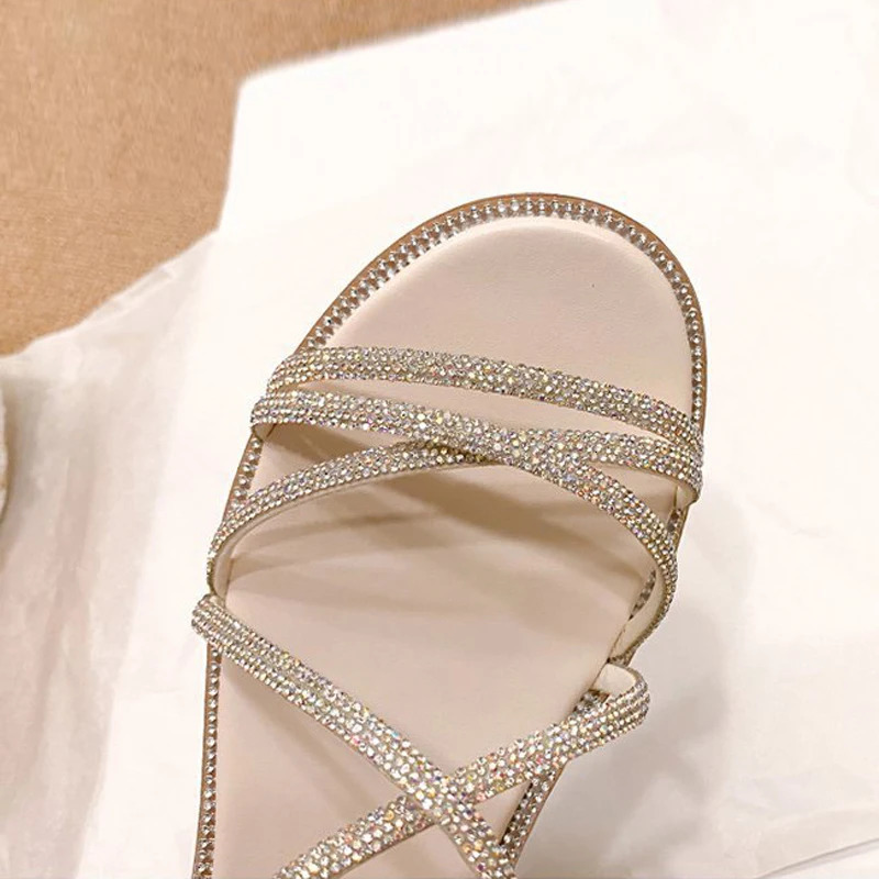 1.5CM Low Heel Womens Sandals Summer Rhinestone Flat Shoes Open Toe Elastic Set Foot Cross Sandals Womens 39 40 41 250411